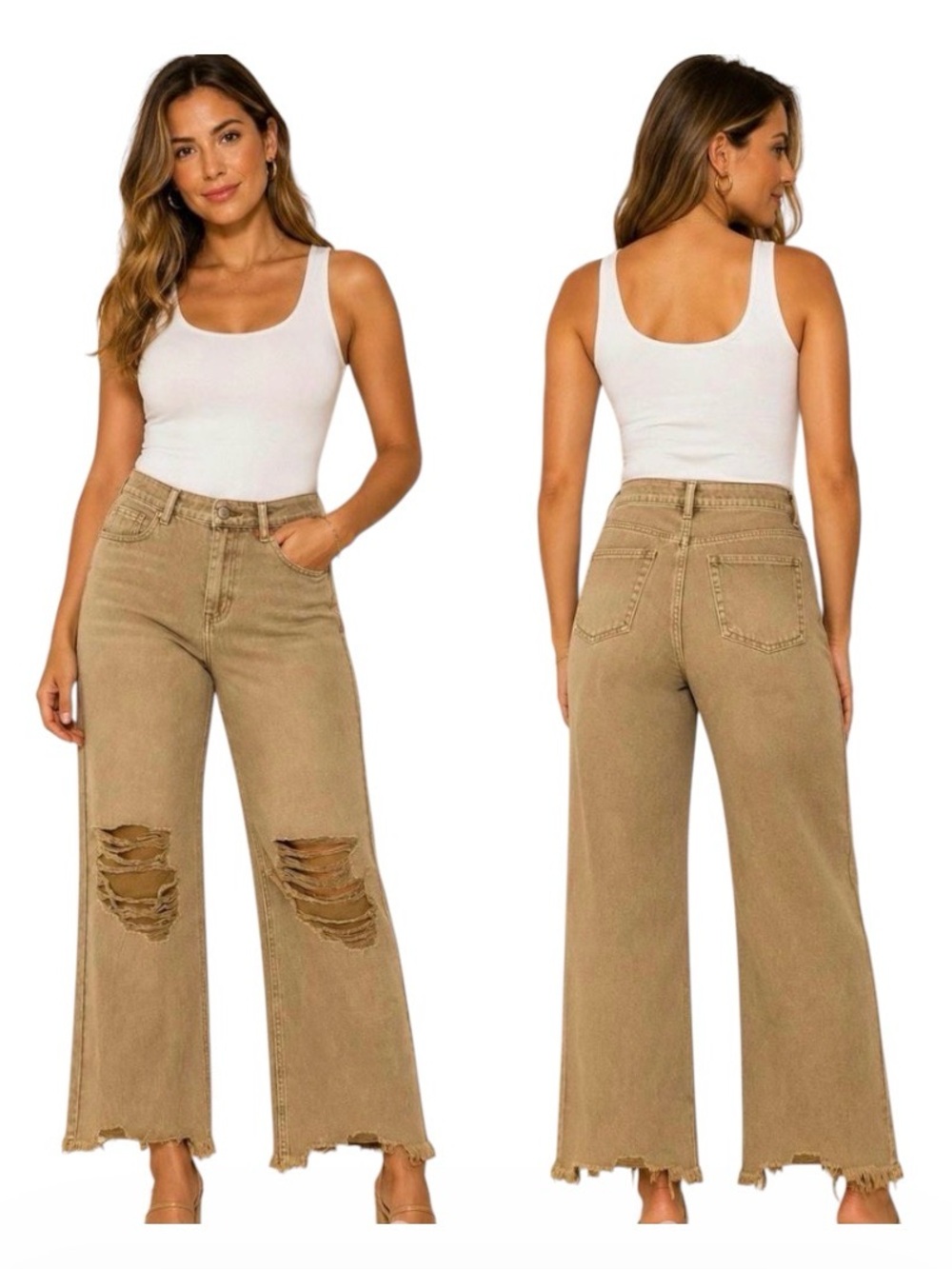 Zenana Camel Distressed Wide Leg Crop Jeans